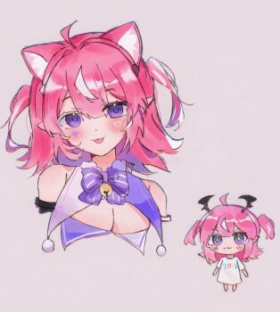 +_+ 1girl :3 ahoge animal_ears bare_shoulders blush blush_stickers bow breasts camila_(cami_2.0)_(vtuber) camila_(vtuber) cat_ears cat_girl chibi chibi_inset cleavage closed_mouth commentary cropped_shoulders diamond_facial_mark english_commentary eyelashes facial_mark grey_background hair_between_eyes hair_ornament head_wings heart heart_facial_mark highres indie_virtual_youtuber kemonomimi_mode medium_hair multicolored_hair multiple_views pink_hair pinkpink939 pointy_ears purple_bow purple_eyes shirt short_sleeves simple_background smile streaked_hair tongue tongue_out two-tone_hair two_side_up virtual_youtuber white_hair white_shirt wings