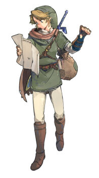 1boy bag belt blue_eyes boots brown_cape brown_hair cape closed_mouth dated fingerless_gloves gloves green_hat hat holding holding_map link male_focus map nikayu nintendo pants pointy_ears scabbard sheath sheathed simple_background solo sword the_legend_of_zelda torn_cape torn_clothes tunic weapon weapon_on_back white_background