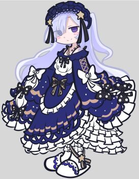 1girl blue_dress blue_hair blue_hairband bow closed_mouth crescent crescent_necklace dress frilled_dress frills full_body gothic_lolita grey_background hair_over_one_eye hairband jewelry lolita_fashion lolita_hairband long_hair long_sleeves looking_at_viewer mahou_shoujo_no_majo_saiban natsume_an-an necklace one_side_up parody polka_dot polka_dot_bow purple_eyes puyopuyo shinmon_akika simple_background sleeves_past_fingers sleeves_past_wrists slippers smile solo standing style_parody takenami_hideyuki_(style) very_long_hair