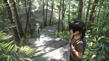 2girls absurdres an_yb backpack bag black_hair black_pantyhose black_shirt blue_shoes brown_shirt brown_skirt bush collarbone commentary dappled_sunlight from_above grass green_eyes green_jacket grey_hair hair_ornament hairclip highres holding_strap jacket kuraue_hinata leg_warmers light_blush looking_at_another looking_down looking_up medium_hair mountain multiple_girls open_mouth outdoors pantyhose parallel_hairclips plant scenery shirt shoes skirt sneakers stairs standing stone_stairs sunlight tree twintails white_leg_warmers white_shoes wide_shot yama_no_susume yukimura_aoi