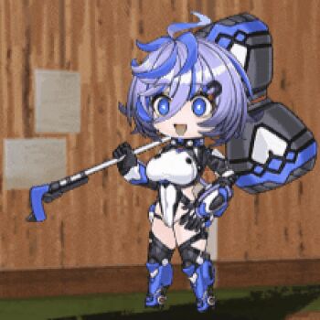 1girl android animated animated_gif blue_eyes breasts chibi curvy full_body hammer highleg highleg_leotard holding holding_weapon impossible_clothes impossible_leotard large_breasts leotard lilith-soft looking_ahead multicolored_hair non-web_source open_mouth oversized_clothes purple_hair revealing_clothes shiny_clothes shiny_skin short_hair standing taimanin_(series) taimanin_rpgx taimanin_suit thick_thighs thighs thong_leotard tsukumo_mogami two-tone_hair weapon white_leotard wide_hips