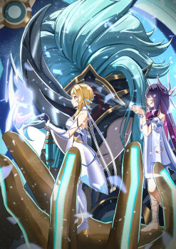 Rule 34 | 1boy, 2girls, absurdres, arm ribbon, bare shoulders, black gloves, black hair, black mask, blonde hair, blowing, blue hair, closed eyes, colored inner hair, columbina (genshin impact), commentary, covered eyes, detached sleeves, dottore (genshin impact), dottore (heretic of the false moon) (genshin impact), dress, earrings, eye mask, genshin impact, gloves, gradient hair, hair ribbon, hands up, head wings, highres, in palm, jewelry, long hair, lumine (genshin impact), luonnotar (genshin impact), mask, multicolored hair, multiple girls, open mouth, outline, parted lips, purple hair, ribbon, short hair with long locks, sidelocks, smile, two-tone hair, watatai, white dress, white outline, white ribbon, white sleeves, white wings, wings, yellow eyes