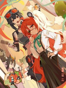 2boys 2girls animal_ear_hairband animal_ears anton_ivanov arm_tattoo bear_boy bear_ear_hairband bear_ears ben_bigger bottle brown_fur closed_eyes comb commentary dated embarrassed english_commentary eyepatch fake_animal_ears furry furry_male goggles goggles_on_head grace_howard hairband highres holding holding_bottle holding_comb koleda_belobog long_hair multiple_boys multiple_girls notched_ear official_alternate_costume official_art perfume_bottle safety_(zenless_zone_zero) scar scar_across_eye scar_on_face school_uniform tattoo thumbs_up zenless_zone_zero