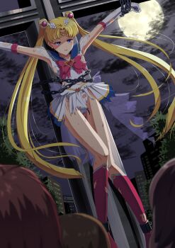 1girl 3others bdsm bishoujo_senshi_sailor_moon blonde_hair blue_eyes bondage boots bound bound_wrists breasts bruise chain city commentary_request cross crucifix crucifixion crying crying_with_eyes_open cuffs defeat elbow_gloves gloves hair_ornament heart highres humiliation injury knee_boots leotard long_hair long_twintails miniskirt momoisaki moon multiple_others night outdoors public_indecency ribbon sailor_moon shackles skirt small_breasts tears torn_clothes torn_leotard tsukino_usagi twintails very_long_hair