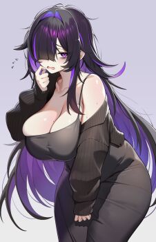 1girl bags_under_eyes black_cardigan black_dress black_hair breasts cardigan cardigan_partially_removed cleavage colored_inner_hair commentary dress english_commentary goddess_of_victory:_nikke grey_background highres kaptivate label_(nikke) large_breasts long_hair messy_hair mole mole_on_breast multicolored_hair open_mouth purple_eyes purple_hair purple_streaks simple_background solo sweat