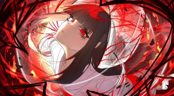 1girl absurdres black_hair bridal_veil closed_mouth commentary hai000_0 highres japanese_clothes kimono limbus_company long_hair looking_at_viewer project_moon red_eyes ryoshu_(project_moon) see-through_clothes shiromuku solo uchikake unfinished veil wataboushi white_kimono