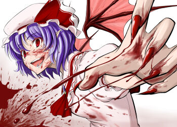 Rule 34 | 1girl, blood, claws, fangs, female focus, hat, open mouth, pointy ears, purple hair, red eyes, remilia scarlet, smile, solo, stain, takebi, touhou, wings