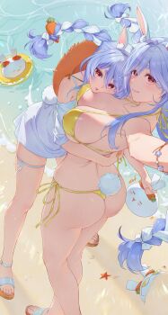 2girls :p absurdres animal_ear_fluff animal_ears anklet ass beach bikini blue_hair bow bracelet braid braided_ponytail breasts carrot_hair_ornament commentary covered_erect_nipples day english_commentary feet food-themed_hair_ornament full_body gold_bikini hair_bow hair_ornament hat head_on_chest highres hololive hug jewelry large_breasts long_hair long_sidelocks looking_at_viewer low_ponytail median_furrow mother_and_child mother_and_daughter multicolored_hair multiple_girls mumu_lin no_pants off-shoulder_shirt off_shoulder outdoors parent_and_child parted_lips pekomama pekomon_(usada_pekora) ponytail rabbit-shaped_pupils rabbit_ears rabbit_girl rabbit_tail red_eyes sandals selfie shirt short_eyebrows side-tie_bikini_bottom sidelocks sun_hat swimsuit symbol-shaped_pupils tail thick_eyebrows thigh_strap toes tongue tongue_out twin_braids two-tone_hair usada_pekora virtual_youtuber white_bow white_hair white_shirt