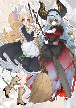 2girls black_dress blazing_cartesia_the_virtuous blonde_hair blue_eyes boots breasts broom brown_boots cleavage dress duel_monster ecclesia_(yu-gi-oh!) full_body grey_hair high_ponytail highres holding holding_broom horns large_breasts long_hair maid maid_headdress multiple_girls norainu_(wtus2283) pointy_ears ponytail red_dress red_eyes yu-gi-oh!