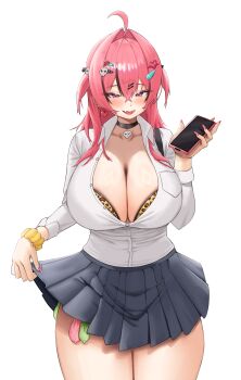 1girl absurdres black_choker black_skirt bluepaint blush breasts choker cleavage condom goddess_of_victory:_nikke gyaru hair_ornament hairclip highres holding holding_phone large_breasts leopard_print leopard_print_bra long_hair looking_at_viewer mast mast_(nikke) nail_polish open_mouth phone pink_hair pink_nails print_bra red_eyes school_uniform scrunchie shirt simple_background skirt smile solo used_condom white_background white_shirt wrist_scrunchie