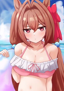 1girl animal_ears bare_shoulders bikini blue_sky blush bow breasts brown_hair cleavage closed_mouth cloud commentary daiwa_scarlet_(umamusume) frilled_bikini frills hair_between_eyes hair_intakes highres holding holding_swim_ring horse_ears horse_girl innertube large_breasts long_hair looking_at_viewer masaki_r2 navel ocean outdoors pink_bikini red_eyes sky solo stomach swim_ring swimsuit twintails umamusume upper_body very_long_hair water