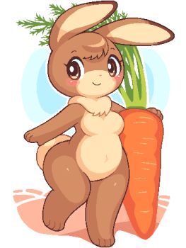 1girl animal_ears animal_feet animal_hands animal_nose blush breasts brown_eyes brown_fur carrot commentary_request completely_nude furry furry_female jaggy_lines lowres medium_breasts no_nipples no_pussy nude oekaki original pear-shaped_figure rabbit_ears rabbit_girl rabbit_tail shortstack smile solo standing tail takiune thick_thighs thighs wide_hips
