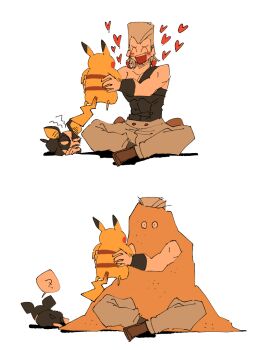 ^_^ bad_id bad_pixiv_id bare_shoulders boston_terrier closed_eyes crossover dog gen_1_pokemon heart iggy_(jojo) jealous jean_pierre_polnareff jojo_no_kimyou_na_bouken mashita._(mentaiko_omoti) nintendo pikachu pokemon pokemon_(creature) sand silver_hair simple_background sitting smile speech_bubble teeth upper_teeth_only white_background