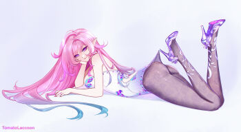 1girl aqua_hair artist_name ass bare_shoulders black_pantyhose breasts cyrene_(honkai:_star_rail) cyrene_(ripples_of_past_reverie)_(honkai:_star_rail) diamond-shaped_pupils diamond_(shape) hashtag-only_commentary high_heels highres honkai:_star_rail honkai_(series) lace_pantyhose_hooked_on_heel_(meme) large_breasts leotard long_hair looking_at_viewer lying meme multicolored_hair on_stomach pantyhose pink_hair pointy_ears purple_eyes simple_background smile solo symbol-shaped_pupils tomatolaccoon two-tone_hair very_long_hair white_leotard