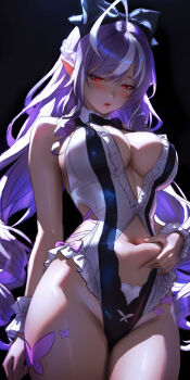 1girl ahoge belly_grab black_nails blonde_hair blush bow bowtie braid breasts commentary_request cowboy_shot fingernails frilled_wrist_cuffs frills groin hair_bow half_up_braid highres large_breasts long_hair looking_down mole mole_under_eye multicolored_hair nail_polish navel official_alternate_costume one-piece_swimsuit parted_lips pointy_ears purple_bow purple_bowtie purple_hair red_eyes sidelocks solo stomach streaked_hair swimsuit thighs unfinished very_long_hair vivian_banshee vivian_banshee_(iris_of_the_shore) weight_conscious white_one-piece_swimsuit white_wrist_cuffs wo_jiushi_kanbudong wrist_cuffs zenless_zone_zero