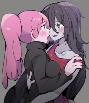2girls adventure_time arms_around_waist black_hair black_sweater blush collarbone colored_skin couple eyes_visible_through_hair grey_background grey_eyes grey_skin hug imminent_kiss long_hair marceline_abadeer multiple_girls off_shoulder open_mouth pink_hair pink_skin princess_bonnibel_bubblegum red_tank_top rokuromi simple_background sweater tank_top turtleneck turtleneck_sweater vampire very_long_hair yuri