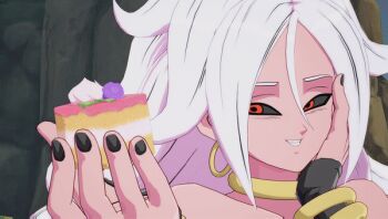 android_21 animated animated_gif black_nails black_sclera colored_sclera colored_skin dragon_ball dragon_ball_fighterz earrings eating food hand_on_own_cheek hand_on_own_face jewelry majin_android_21 neck_ring open_mouth pink_skin red_eyes ring teeth white_hair