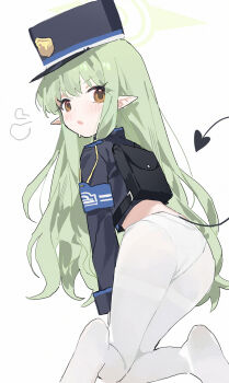 1girl :o armband backpack bag black_bag black_hat black_jacket black_tail blue_archive blue_armband blush demon_girl demon_tail feet furrowed_brow green_hair green_halo hair_between_eyes halo hat highres hikari_(blue_archive) jacket loli long_hair long_sleeves looking_at_viewer looking_back measho no_shoes open_mouth panties panties_under_pantyhose pantyhose peaked_cap pointy_ears puff_of_air simple_background soles solo sweatdrop tail thighband_pantyhose underwear very_long_hair white_background white_panties white_pantyhose yellow_eyes