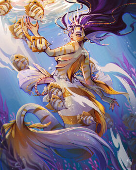 Rule 34 | breasts, denimgrei, fins, fish, floating hair, gills, head fins, highres, lips, mermaid, monster girl, one eye closed, original, purple hair, underwater