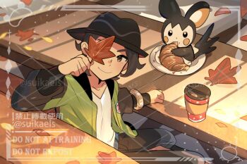 autumn_leaves black_hat croissant cup disposable_coffee_cup disposable_cup emolga food gen_5_pokemon green_jacket hat highres holding holding_leaf jacket leaf long_sleeves looking_at_viewer mega_ring nintendo open_clothes open_jacket outdoors paxton_(pokemon) pokemon pokemon_legends:_z-a smile solo striped_hat suikaels