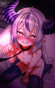 1girl absurdres bdsm bed_sheet blush bzogo collar demon_girl demon_horns flat_chest heart heart-shaped_pupils highres hololive holox horns la+_darknesss leash loli messy_hair multicolored_hair nude on_bed paw_pose symbol-shaped_pupils thighhighs virtual_youtuber