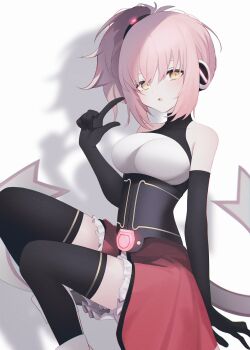 1girl :o absurdres bare_shoulders black_gloves black_thighhighs breasts commentary_request commission cosmic_break gloves high_ponytail highres index_finger_raised looking_at_viewer medium_breasts melfi migihidari_(puwako) pink_hair ponytail shadow sitting thighhighs yellow_eyes