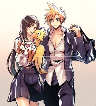 1boy 1girl bag black_hair blonde_hair blue_eyes blue_sailor_collar blue_skirt blush buster_sword character_doll chocobo closed_mouth cloud_strife cloud_strife_(midgard_seventh_high_school) collarbone commentary_request couple cowboy_shot delinquent doll final_fantasy final_fantasy_vii final_fantasy_vii:_ever_crisis gakuran gradient_background hair_ornament hairclip holding holding_bag holding_doll jacket long_hair looking_at_another looking_at_viewer minato_(ct_777) moogle official_alternate_costume open_clothes open_jacket open_mouth pectorals pleated_skirt red_eyes sailor_collar school_uniform serafuku shirt skirt smile spiked_hair tifa_lockhart tifa_lockhart_(midgard_seventh_high_school) white_serafuku white_shirt