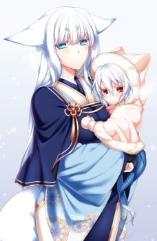 Rule 34 | 2girls, animal ears, blue eyes, colored eyelashes, fox ears, fox tail, konshin, mittens, multiple girls, orie mishiro, orie mitsugi, original, red eyes, tail, colored eyelashes, white hair