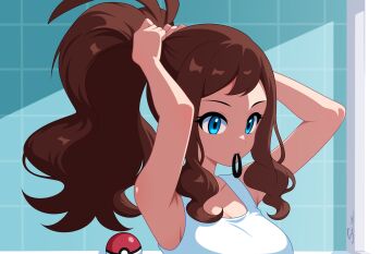 1girl armpits arms_up blue_eyes breasts brown_hair cleavage commentary english_commentary hair_tie_in_mouth high_ponytail highres hilda_(pokemon) long_hair medium_breasts mouth_hold nintendo poke_ball poke_ball_(basic) pokemon pokemon_bw ponytail sidelocks solo su1zide tank_top tile_wall tiles tying_hair very_long_hair white_tank_top