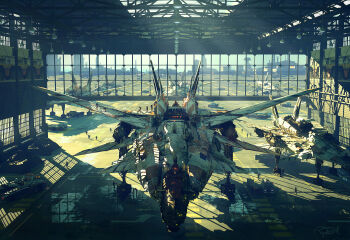 Rule 34 | aircraft, aircraft hanger, airplane, commentary, english commentary, highres, motor vehicle, original, people, raphael-lacoste, scenery, science fiction, shadow, signature, spacecraft, sunlight