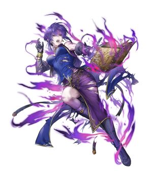 1girl aura bare_shoulders blue_hair book boots breasts cleavage damaged dark_aura dress elbow_gloves fire_emblem fire_emblem:_the_blazing_blade fire_emblem_heroes gloves glowing glowing_eyes highres holding holding_book medium_breasts nintendo non-web_source official_alternate_eye_color official_art open_mouth purple_boots purple_gloves red_eyes shaded_face short_hair short_hair_with_long_locks side_slit solo torn_clothes torn_dress undead ursula_(fire_emblem)