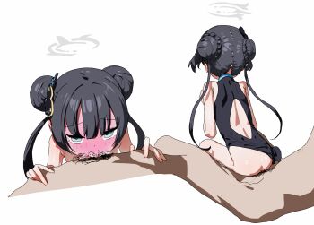 1boy 1girl azmira1534815 back_cutout black_dress black_hair blue_archive blush butterfly_hair_ornament china_dress chinese_clothes clothed_sex clothing_aside clothing_cutout deepthroat double_bun dress facing_away fellatio full-face_blush grey_eyes grey_halo hair_bun hair_ornament halo hetero highres kisaki_(blue_archive) loli looking_at_viewer male_pubic_hair oral pov pov_crotch pubic_hair sex sex_from_behind sleeveless sleeveless_dress twintails