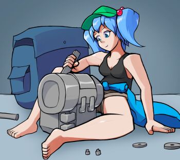 Rule 34 | 1girl, backpack, bag, bare legs, baseball cap, black tank top, blue background, blue bag, blue eyes, blue hair, blue jacket, breasts, brown shorts, cleavage, closed mouth, clothes around waist, commentary, english commentary, fan request, green hat, hat, highres, holding, holding wrench, jacket, jacket around waist, kawashiro nitori, looking at object, looking down, medium hair, on ground, repairing, short shorts, shorts, sitting, small breasts, smile, solo, superchrim, tank top, touhou, twintails, wrench