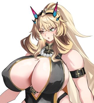 1girl arm_belt barghest_(fate) belt biceps black_belt blonde_hair blush breasts cleavage commentary_request embarrassed eyeliner fate/grand_order fate_(series) flower green_eyes hair_flower hair_ornament heterochromia highres horns huge_breasts jewelry makeup muscular muscular_female necklace pearl_necklace red_eyeliner shibao_aoyama simple_background solo upper_body white_background white_flower