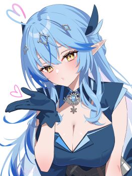1girl ahoge blowing_kiss blue_dress blue_gloves blue_hair braid breasts brooch cleavage cleavage_cutout clothing_cutout collared_dress commentary_request crossed_bangs double-parted_bangs dress gloves hair_between_eyes half_up_braid hand_up heart heart_ahoge highres hololive jewelry large_breasts long_hair looking_at_viewer mahou_shoujo_holowitch! multicolored_hair official_alternate_costume pointy_ears simple_background sleeveless sleeveless_dress solo streaked_hair upper_body very_long_hair virtual_youtuber white_background yellow_eyes you06 yukihana_lamy