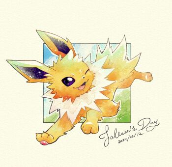 Rule 34 | animal focus, border, bright pupils, commentary, dated, fang, fluffy, full body, gen 1 pokemon, highres, jolteon, looking at viewer, miketoevecan, neck fur, nintendo, no humans, one eye closed, open mouth, pawpads, pokemon, pokemon (creature), pokemon focus, purple eyes, running, simple background, solo, standing, symbol-only commentary, white fur, white pupils, yellow border, yellow fur