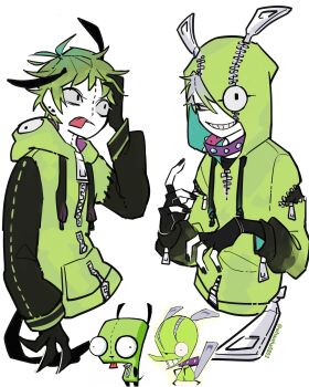 2boys absurdres chuck_(psg) color_connection crossover gir_(dog_costume)_(invader_zim) gir_(invader_zim) highres hood hood_up humanization invader_zim looking_at_viewer multiple_boys official_art_inset open_mouth pants panty_&amp;_stocking_with_garterbelt personification reference_inset short_hair sweater whawha0803 zipper