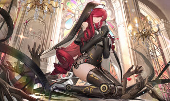 1girl absurdres bare_shoulders black_gloves black_leotard chandelier chinese_commentary church commentary_request commission detached_sleeves european_architecture gloves hair_over_eyes heatia highres indoors kneeling leotard long_hair looking_at_viewer mechanical_legs nun nun_headdress orange_eyes original own_hands_clasped own_hands_together praying red_eyes red_hair robot_girl solo stained_glass thighhighs thighs