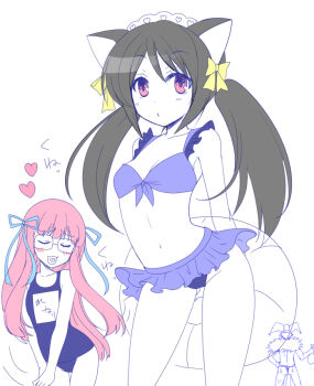 2girls animal_ears bikini black_hair blue_bikini blue_ribbon bow breasts cat_ears cat_girl closed_eyes commentary_request cowboy_shot flat_chest frilled_bikini frills glasses hair_bow hair_ribbon heart long_hair looking_at_viewer masaya_ichika multiple_girls open_mouth pink_hair ragnarok_masters ragnarok_online ribbon simple_background small_breasts swimsuit twintails white_background yellow_bow