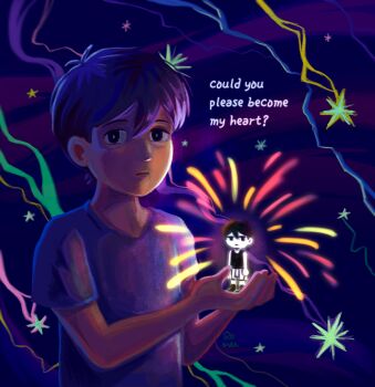 2boys alternate_costume antenna_hair black_eyes black_hair black_shirt black_socks black_tank_top bright_pupils closed_mouth colored_skin commentary double-parted_bangs dual_persona english_commentary english_text hair_between_eyes highres looking_at_viewer male_focus mini_person miniboy multiple_boys omori omori_(omori) rolover10 shirt short_hair short_sleeves shorts socks striped_clothes striped_shorts sunny_(omori) t-shirt tank_top vertical-striped_clothes vertical-striped_shorts white_pupils white_shorts white_skin