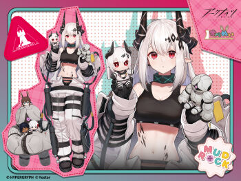1girl amiya_(arknights) arknights black_horns black_sports_bra breasts character_doll character_name cleavage commentary_request demon_girl demon_horns doll elysium_(arknights) full_body grey_hair highres holding holding_doll horns infection_monitor_(arknights) jumpsuit large_breasts long_hair looking_at_viewer material_growth mudrock_(arknights) mudrock_(elite_ii)_(arknights) multiple_views navel official_art open_jumpsuit oripathy_lesion_(arknights) oshiruko_(oshiruco_212048) pointy_ears red_eyes rhodes_island_logo_(arknights) second-party_source sports_bra standing thorns_(arknights) white_jumpsuit