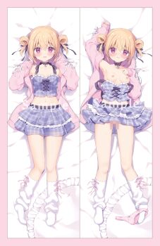 1girl arm_up bed_sheet belt belt_buckle black_belt blue_skirt bow bow_panties breasts buckle censored collarbone commentary_request dakimakura_(medium) highres hood hood_down hooded_jacket jacket layered_skirt long_sleeves loose_socks miyasaka_miyu mosaic_censoring multiple_views navel nipples no_shoes off_shoulder open_clothes open_jacket original panties panties_around_leg pinching_sleeves pink_jacket pink_panties plaid_clothes plaid_skirt puffy_long_sleeves puffy_sleeves sample_watermark skirt small_breasts socks sweat underwear watermark white_socks