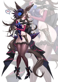 1girl absurdres adapted_costume alternate_breast_size_(larger) animal_ears ankle_bow ankle_ribbon bare_shoulders black_bow black_hair black_pantyhose black_shoes blue_flower blue_rose blush bow breasts bridal_gauntlets closed_mouth commentary_request dagger flower hair_over_one_eye hat hat_flower high_heels highleg highleg_leotard highres holding holding_dagger holding_knife holding_weapon horse_ears horse_girl horse_tail knife knife_sheath leotard long_hair looking_at_viewer medium_breasts nose_blush off-shoulder_leotard paid_reward_available pantyhose pigeon-toed purple_eyes purple_leotard red_bridal_gauntlets ribbon rice_shower_(rosy_dreams)_(umamusume) rice_shower_(umamusume) rose sheath shoes simple_background sizhe spoken_blush super_highleg sweat tail thick_thighs thighs tilted_headwear umamusume waist_bow weapon white_background wide_hips zoom_layer
