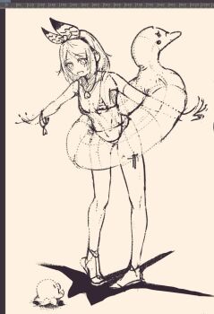 Rule 34 | 1girl, art program in frame, bikini, commentary, duck innertube, full body, hair ribbon, innertube, jewelry, kagamine rin, lelexia002, lineart, medium hair, monochrome, necklace, octopus, outstretched arms, ribbon, sandals, shadow, solo, standing, swim ring, swimsuit, vocaloid