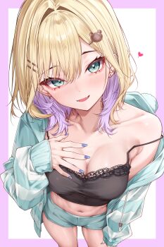 absurdres amaki_daisuke aqua_hoodie aqua_shorts bear_hair_ornament black_camisole blush breasts camisole gradient_nails green_eyes hair_ornament hairclip highres hood hoodie kurumi_noah multicolored_hair shorts striped_clothes striped_hoodie virtual_youtuber vspo!