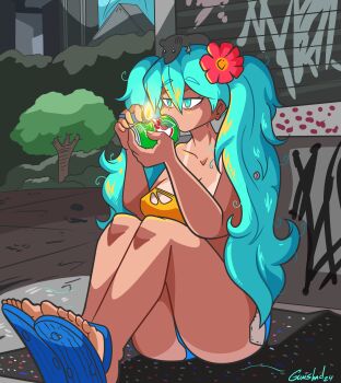 1girl absurdres aqua_eyes aqua_hair ass blush bong brazil brazilian_flag brazilian_flag_print brazilian_miku can dahs dark-skinned_female dark_skin dated drug drugged earrings empty_eyes eyewear_on_head flag_print flip-flops flower full_body hair_flower hair_ornament hatsune_miku highres huge_ass improvised_bong jewelry lighter long_hair mouse navel outdoors road sandals shirt shorts signature solo street sunglasses tan tanline twintails vocaloid yellow_shirt