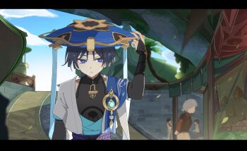 Rule 34 | 2boys, 2girls, anemo symbol (genshin impact), arm at side, arm behind back, armor, bazaar, belt, black belt, black bodysuit, black bow, black bridal gauntlets, black shirt, blue gem, blue hat, blue kimono, blue sky, blue sleeves, blunt ends, bodysuit, bow, bridal gauntlets, bright pupils, brown hair, brown pants, building, choppy bangs, closed mouth, cloud, cloudy sky, commentary request, expressionless, eyeliner, falling leaves, feathers, fingernails, food, fruit, furisode, gem, genshin impact, gold, gold ring, hand up, hat, hat tip, high ponytail, highres, japanese armor, japanese clothes, jingasa, juban, kimono, kote, kurokote, layered sleeves, leaf, looking at viewer, makeup, mandarin collar, middle ring, multiple boys, multiple girls, open clothes, open kimono, outdoors, pants, pom pom (clothes), ponytail, purple eyes, purple rope, purple sash, red eyeliner, robe, rope, sash, scaramouche (genshin impact), shirt, short sleeves, shoulder peek, sky, sumeru city, suyi42478390, tree, tsurime, wanderer (genshin impact), white hair, white kimono, white pupils, white robe, white shirt, white sleeves, yellow feathers