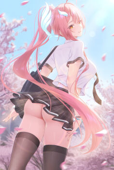 Rule 34 | 1girl, absurdres, aemeath (wuthering waves), alternate costume, ass, bad id, bad twitter id, black thighhighs, blue sky, breasts, commentary, day, english commentary, from behind, grey skirt, hair ornament, highres, long hair, looking at viewer, looking back, medium breasts, outdoors, parted lips, petals, pink hair, pink petals, ponytail, raidriar 18, school uniform, shirt, short sleeves, skirt, sky, smile, solo, star-shaped pupils, star (symbol), symbol-shaped pupils, thighhighs, thighs, very long hair, white shirt, wuthering waves