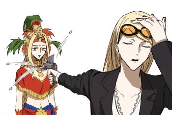 1boy 1girl black_jacket black_nails blonde_hair chin_piercing closed_eyes coat face_piercing fate/grand_order fate_(series) green_eyes gun hand_on_own_head headband headdress highres holding jacket jewelry labret_piercing long_hair meme mexican_clothes mouth_piercing naoya_hitting_choso_without_looking_(meme) necklace piercing poncho quetzalcoatl_(fate) scene_reference shirt tezcatlipoca_(fate) tezcatlipoca_(first_ascension)_(fate) tinted_eyewear trench_coat tt_hmx weapon white_shirt