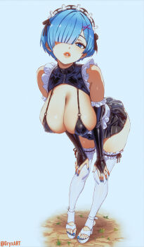 1girl absurdres black_bridal_gauntlets blue_eyes blue_hair breasts bridal_gauntlets cleavage commentary_request frilled_thighhighs frills full_body gryx_art hair_over_one_eye hairband highres large_breasts lips maid re:zero_kara_hajimeru_isekai_seikatsu rem_(re:zero) short_hair solo thighhighs thighs unconventional_maid white_background white_thighhighs